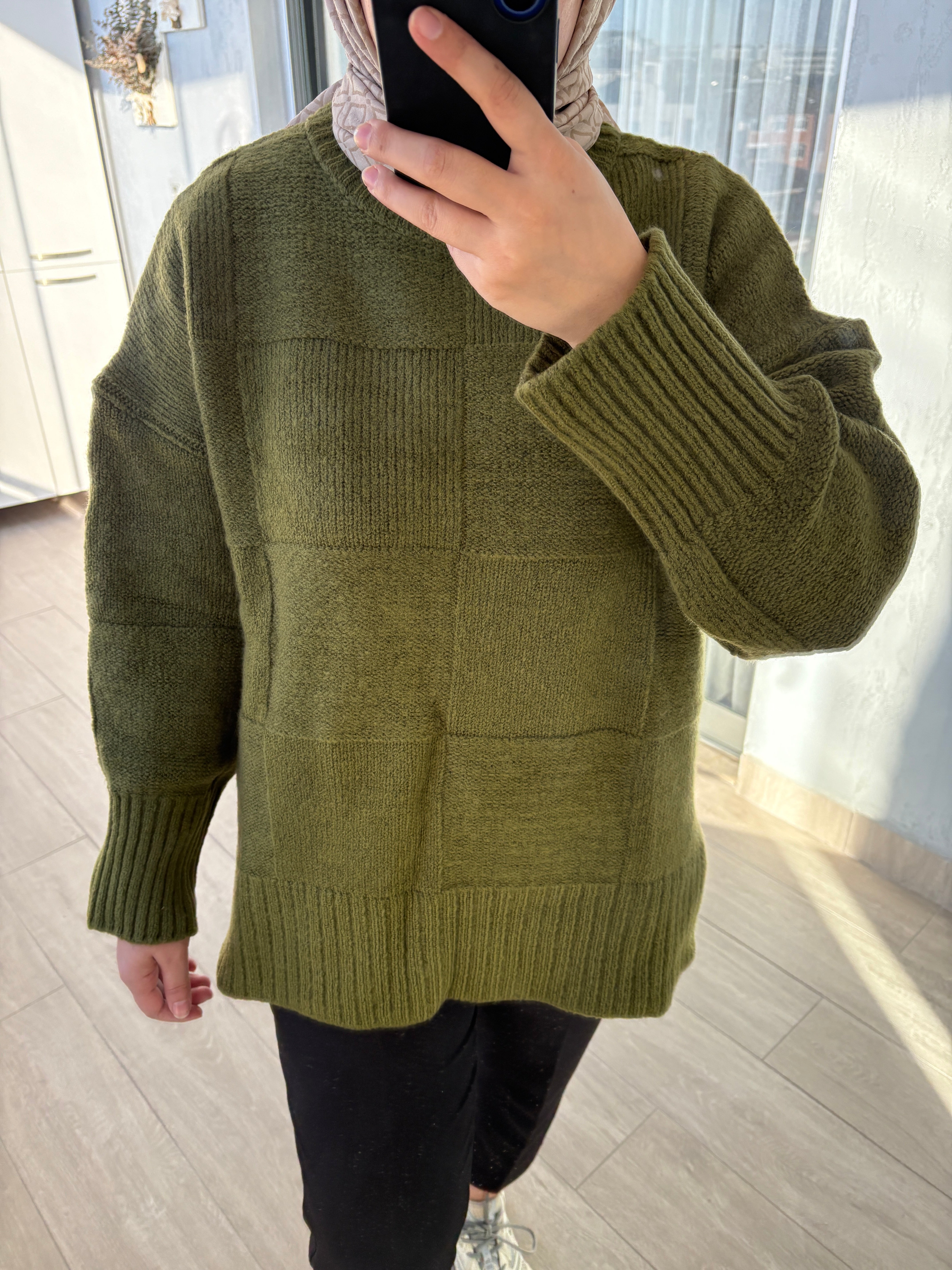 Baklava Desen Yeşil Kazak