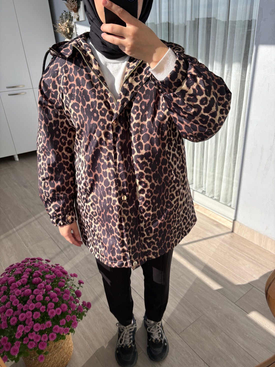 Leopar Desenli Kapüşonlu Ceket